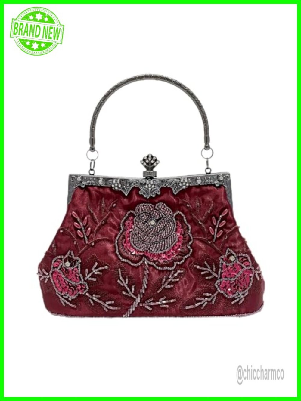 Rose Beaded Evening Clutch Purse with Detachable Chain for Women